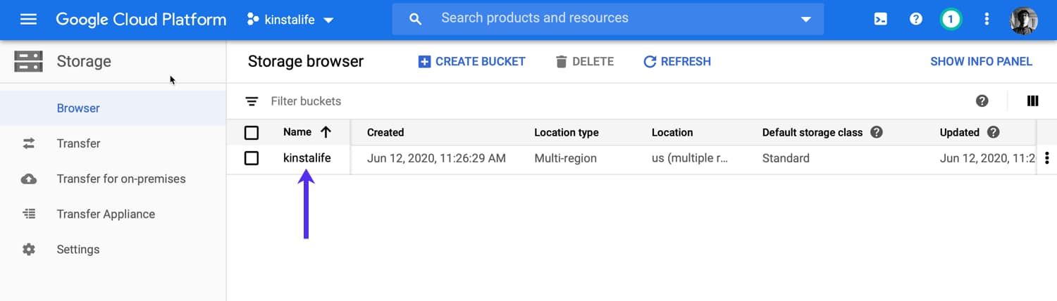 Trouvez le nom de votre bucket dans le navigateur de stockage de GCP.