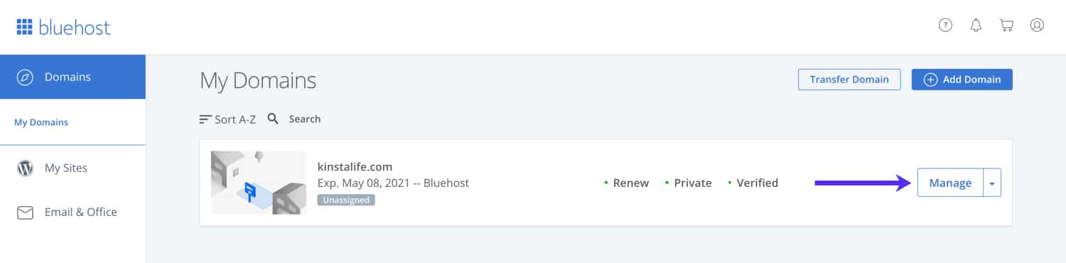 Cliquez sur votre domaine dans Bluehost.