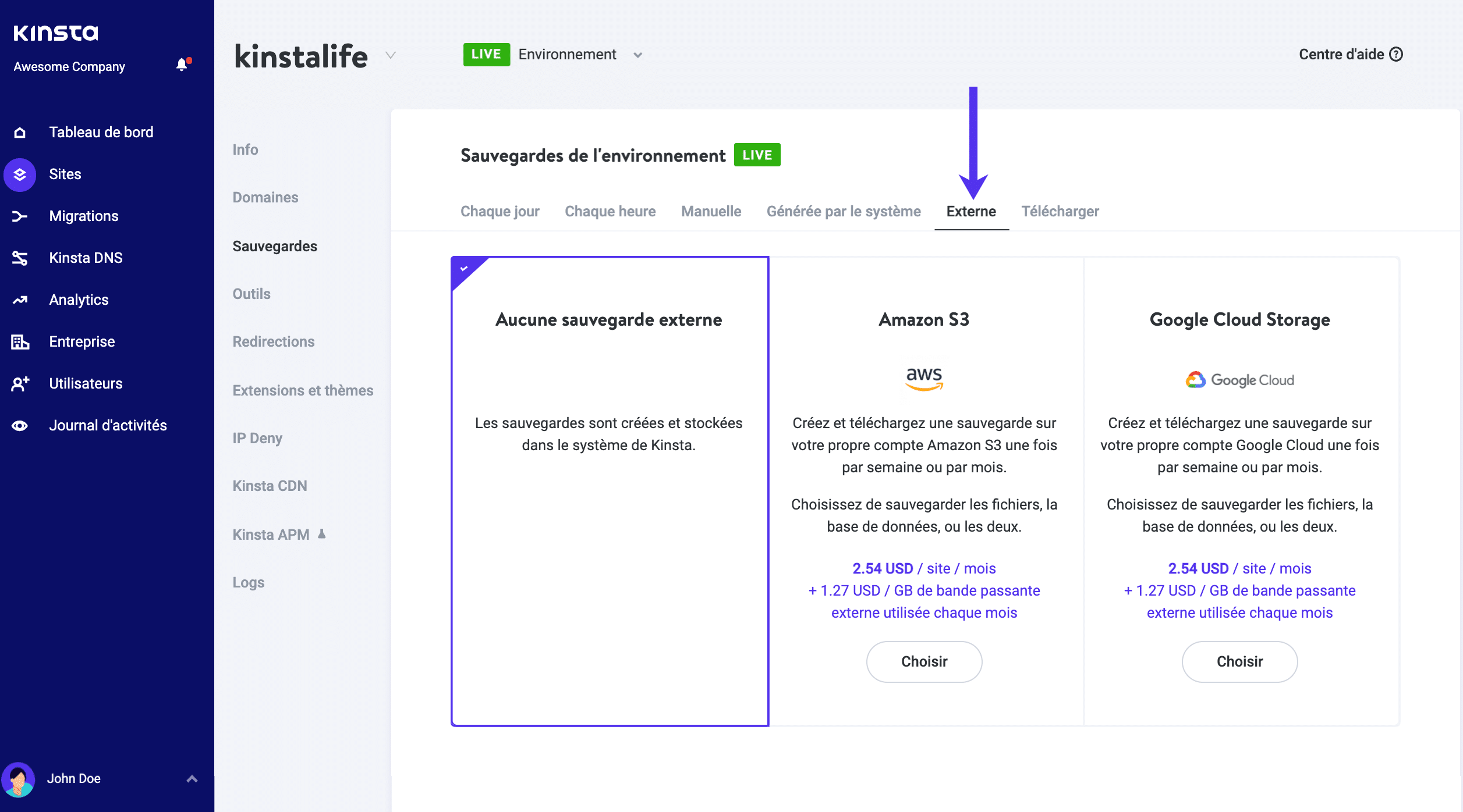 Activez les sauvegardes externes dans MyKinsta.