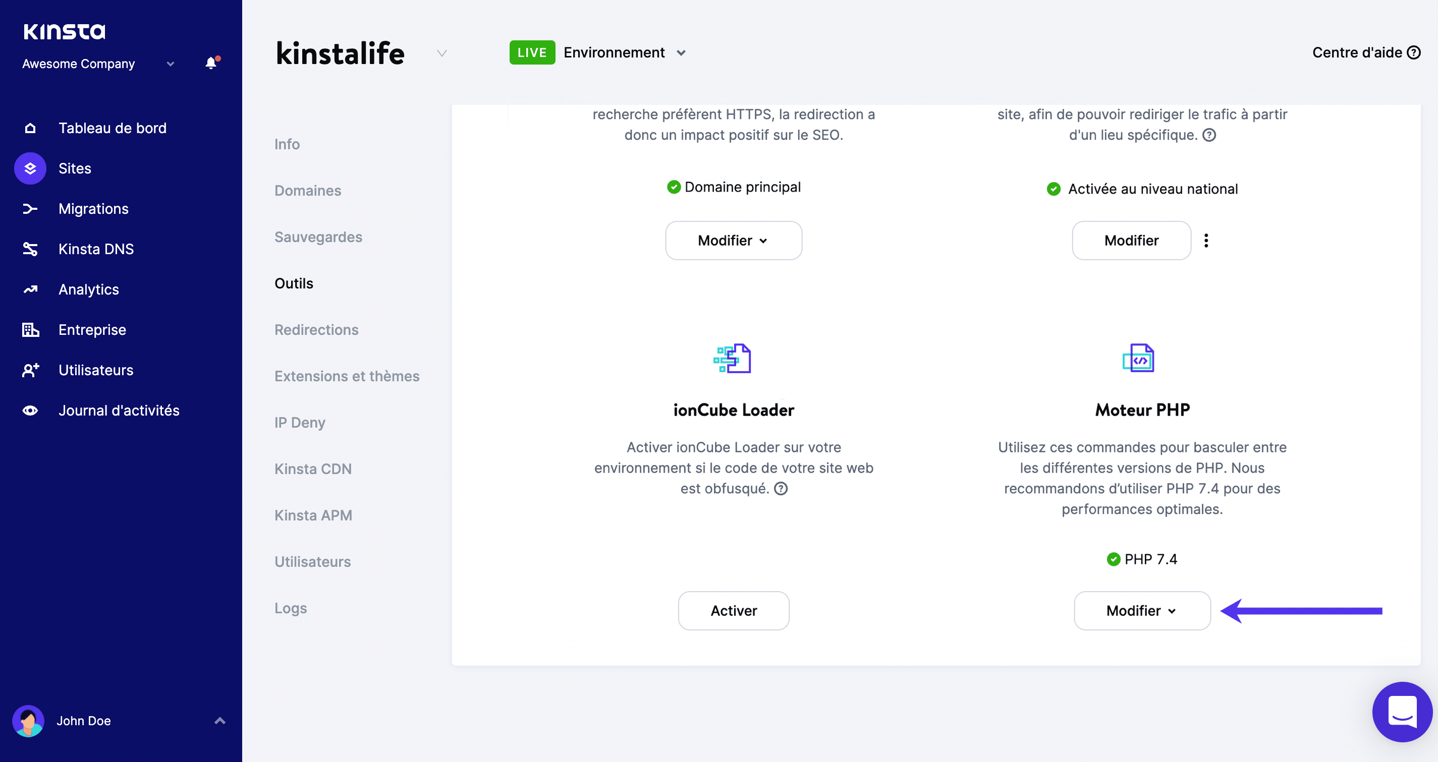 Activer ionCube Loader dans MyKinsta.