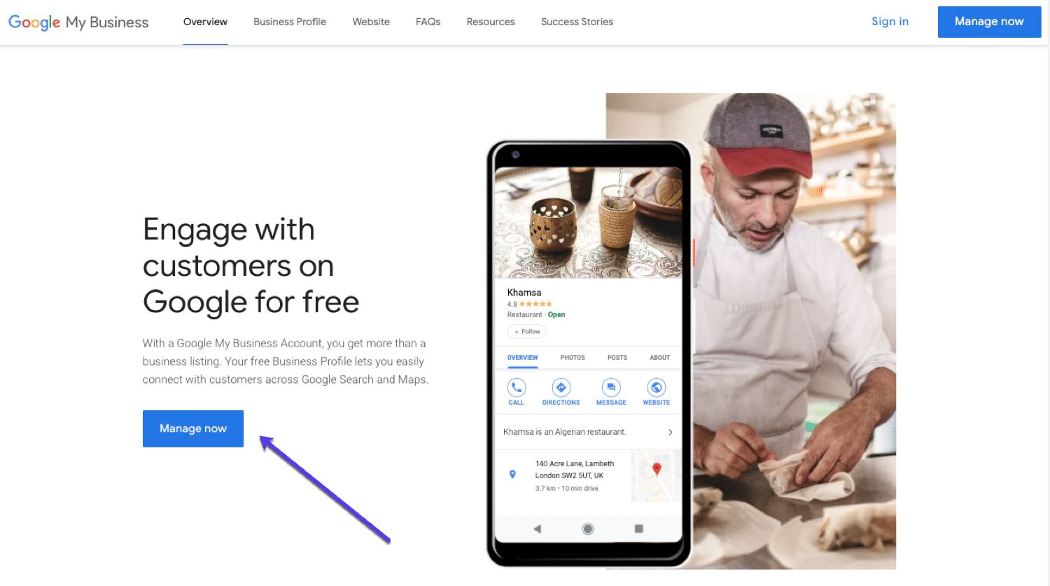 Page d'accueil de Google My Business, commencez ici pour créer votre compte