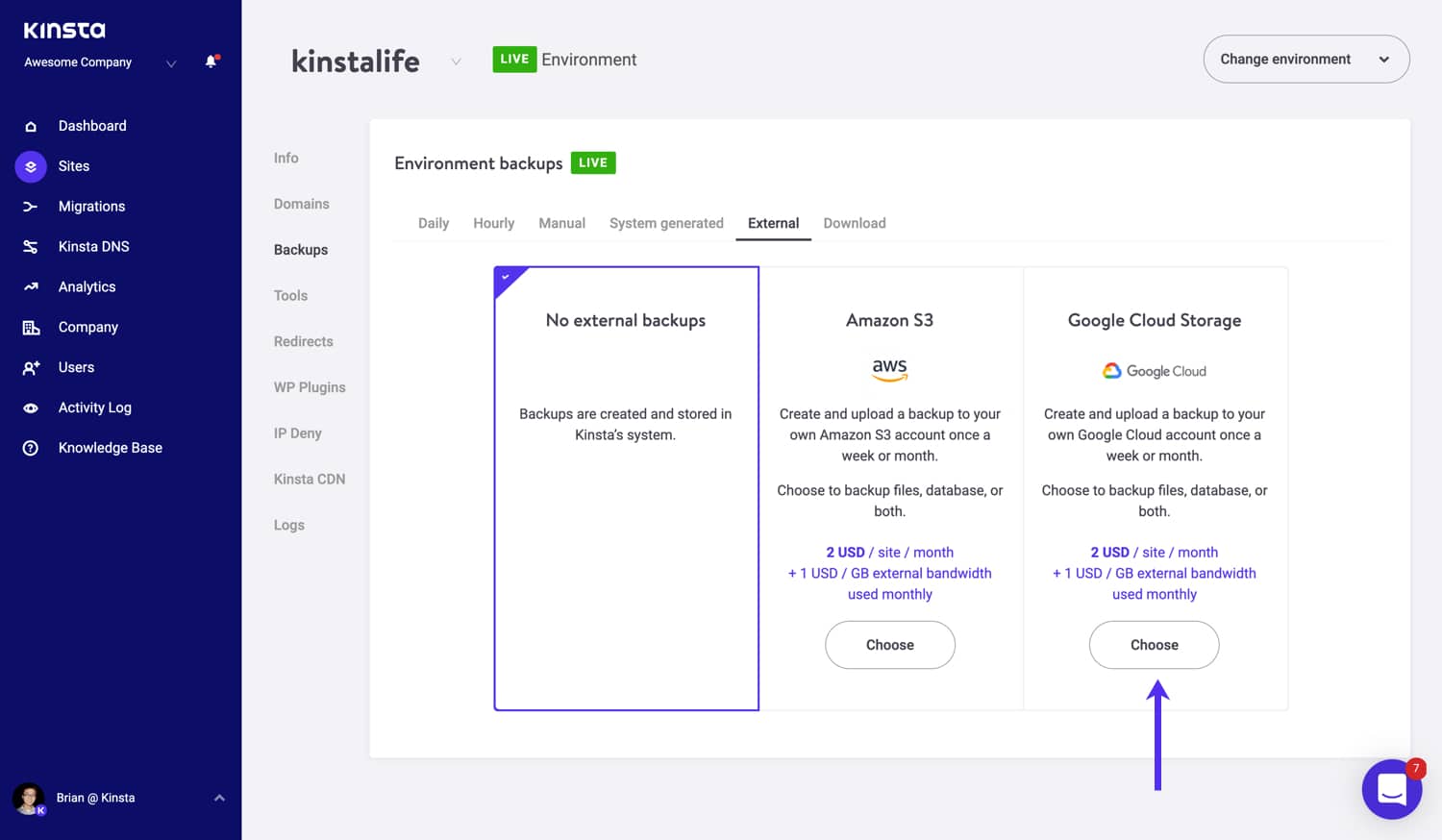 Sélectionnez l'option Google Cloud Storage pour les sauvegardes externes.