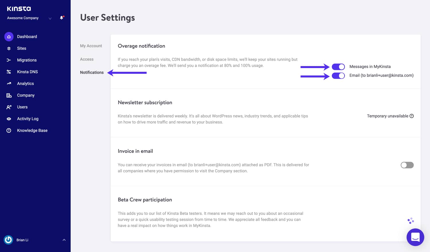Activez les notifications de dépassement pour vos sites WordPress.