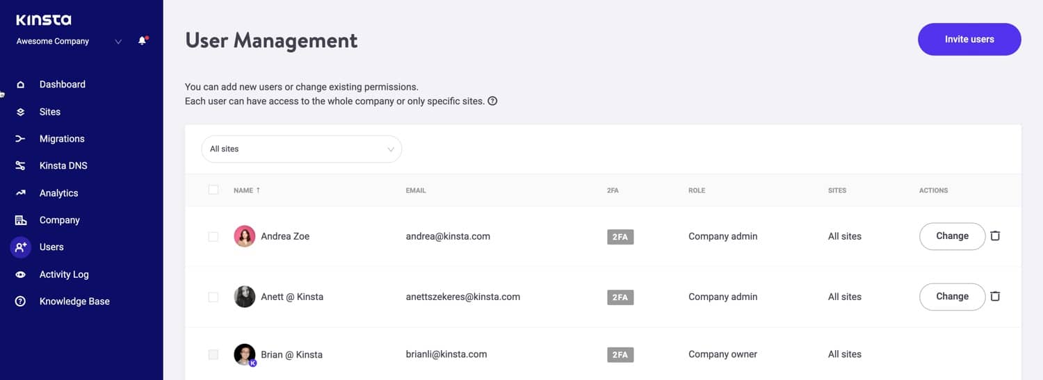 Gestion des utilisateurs de MyKinsta.