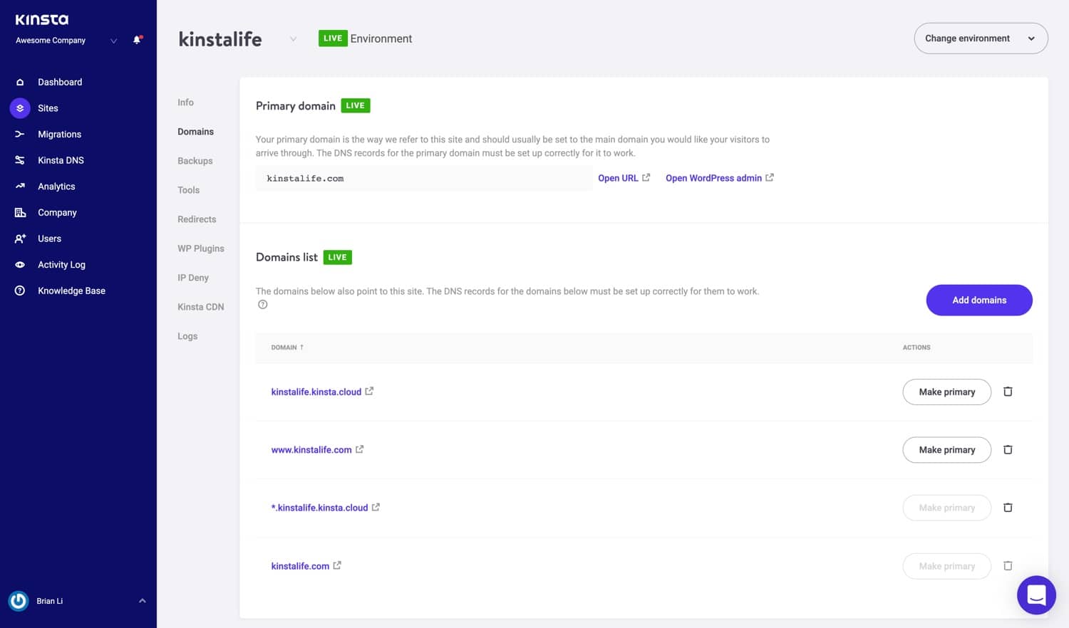 Liste de domaines WordPress dans MyKinsta.