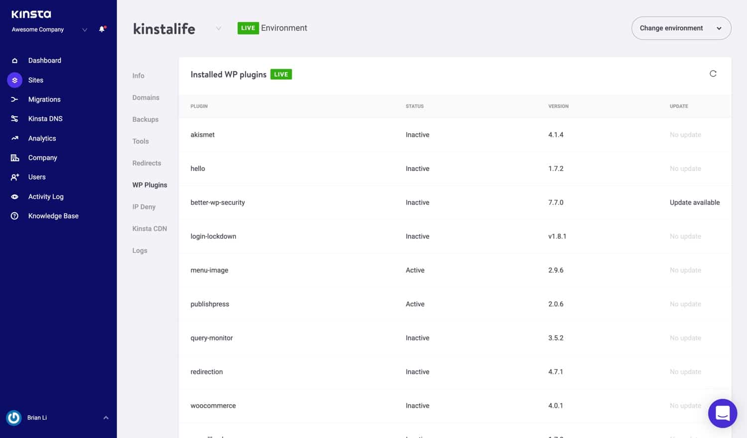 Liste de plugins WordPress dans MyKinsta.