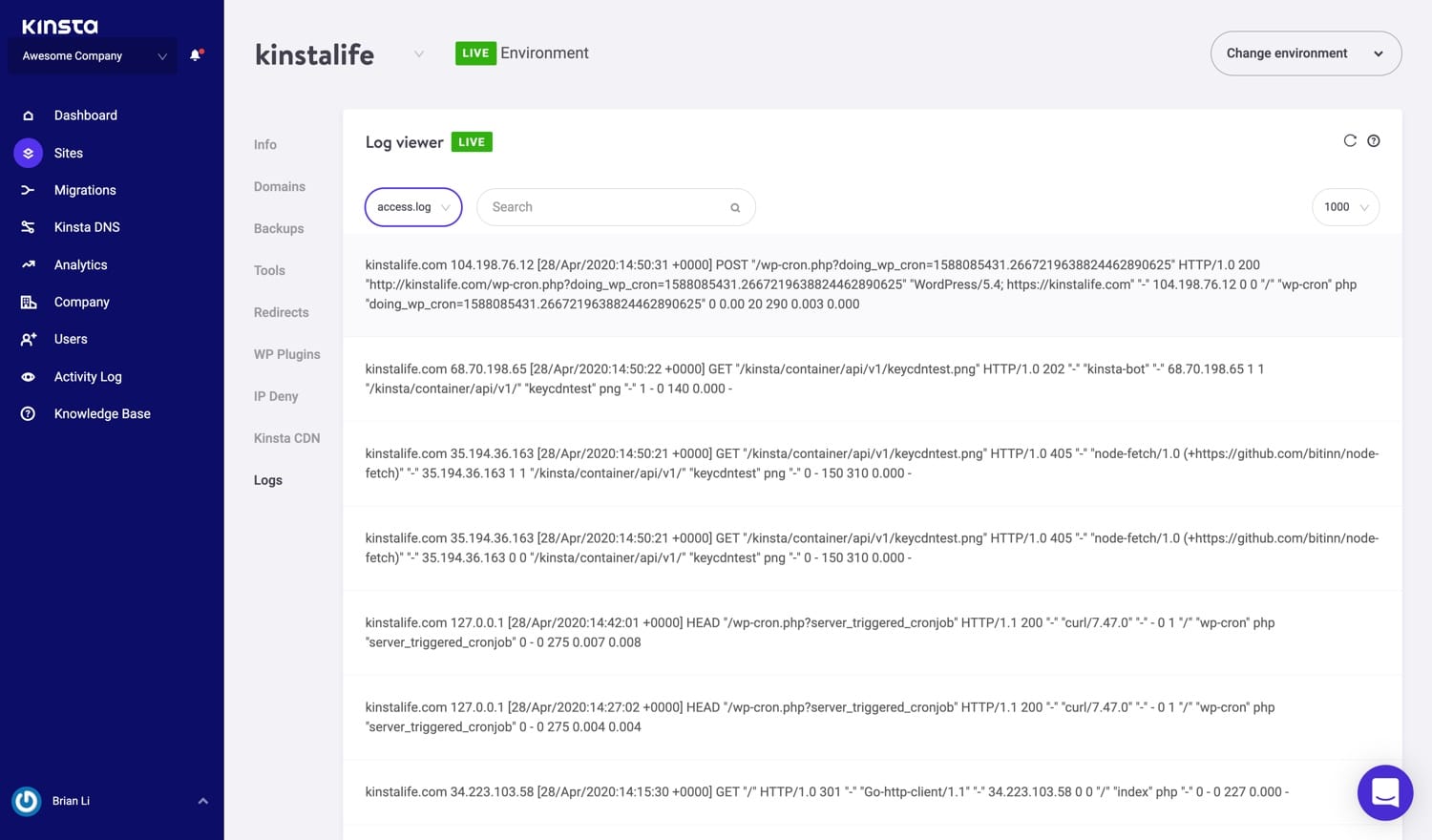 Logs WordPress dans MyKinsta.