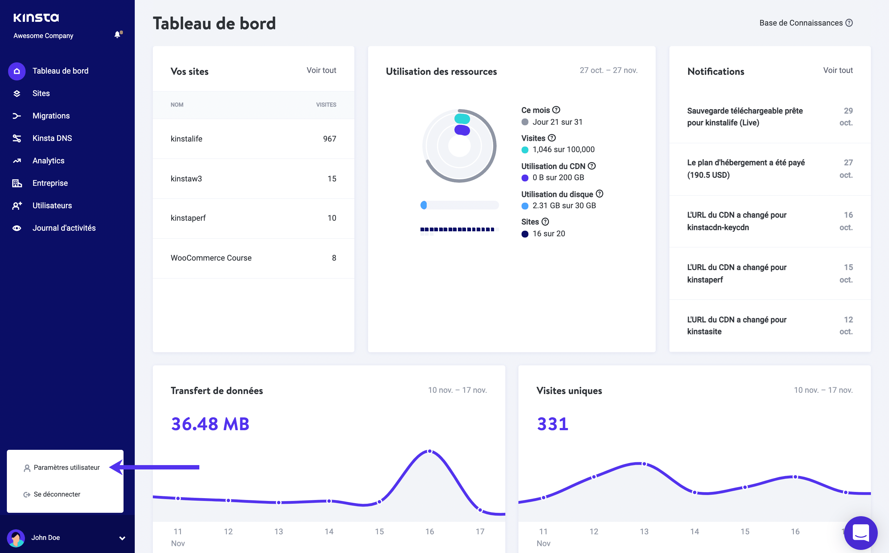 Paramètres Utilisateur dans MyKinsta.