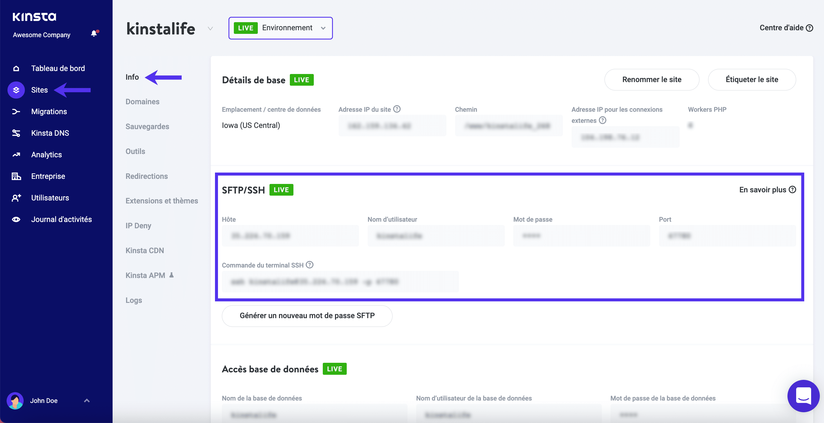 FTP credentials in MyKinsta