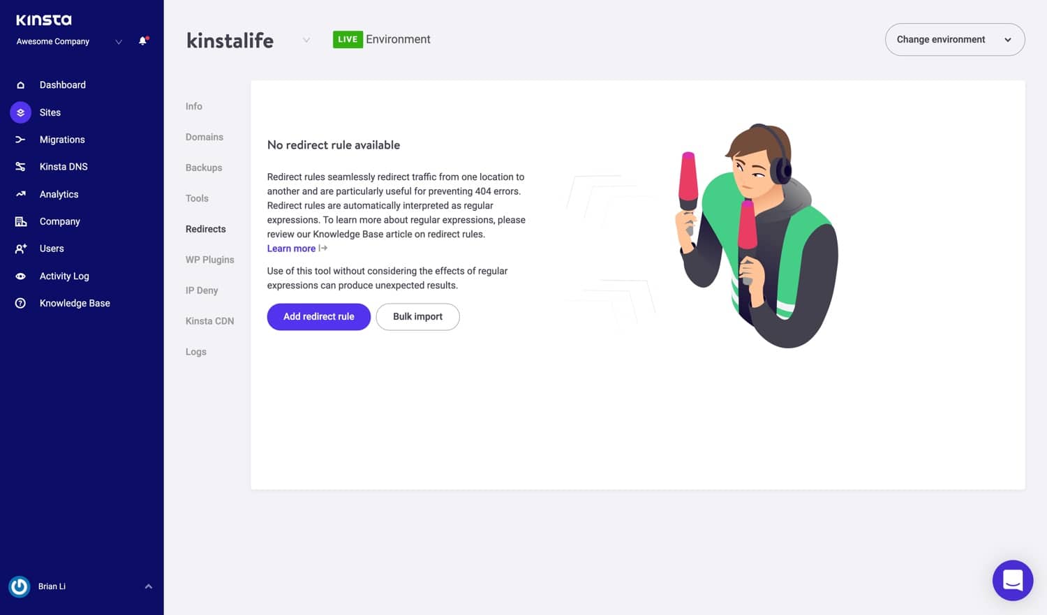 Outil de redirection de WordPress dans MyKinsta.