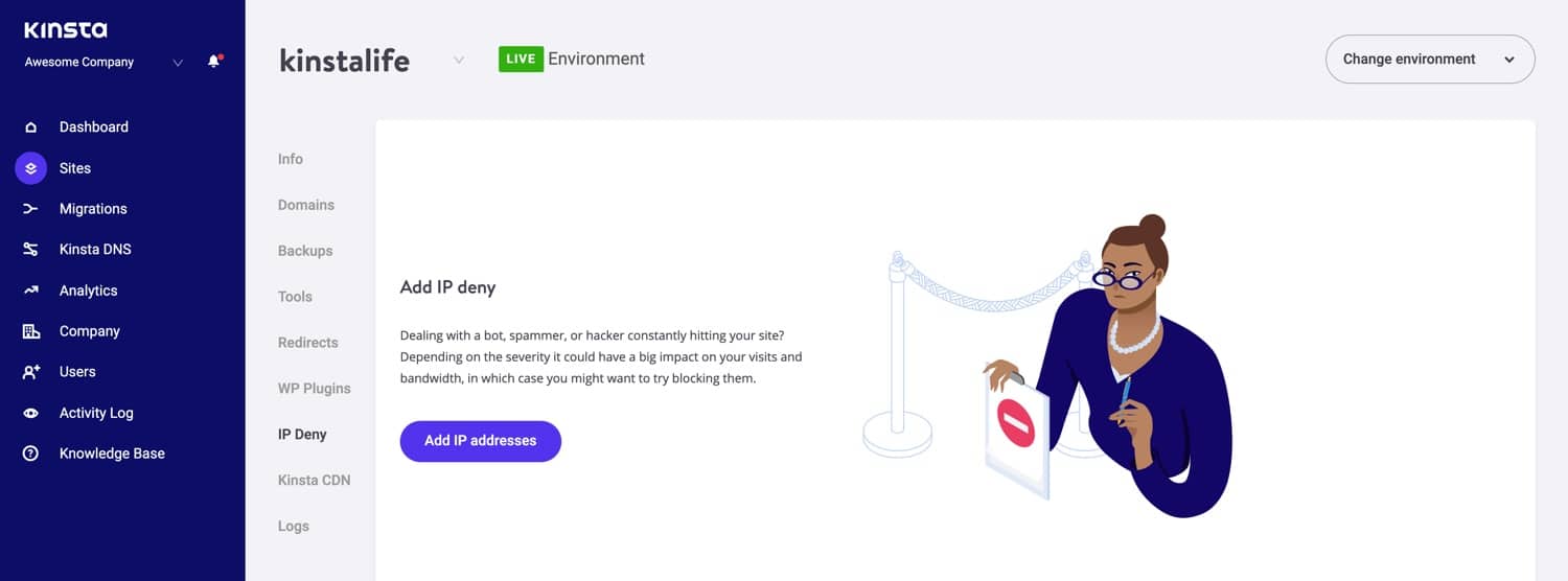 Outil IP Deny dans MyKinsta.