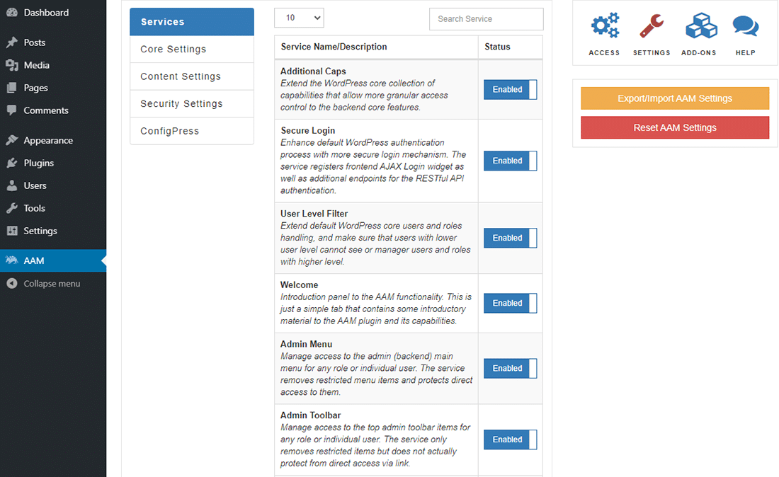 Le panneau « Réglages » dans Advanced Access Manager