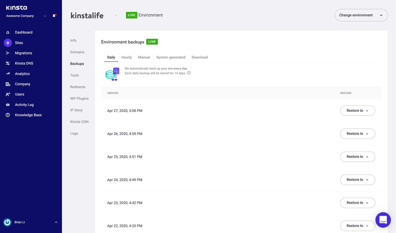 Sauvegardes WordPress dans MyKinsta.