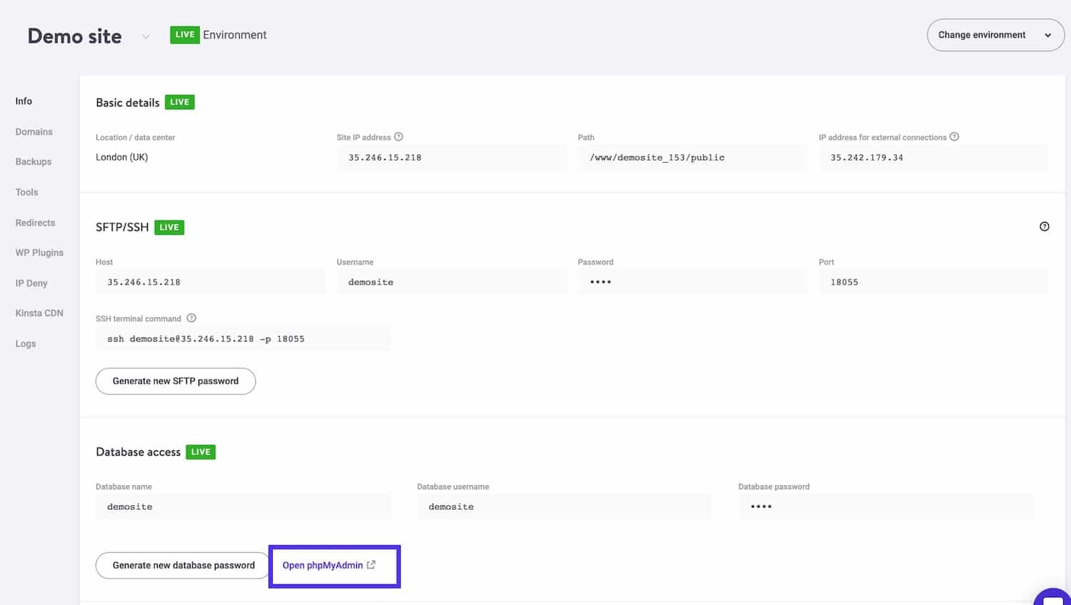 Accéder à phpMyAdmin dans MyKinsta