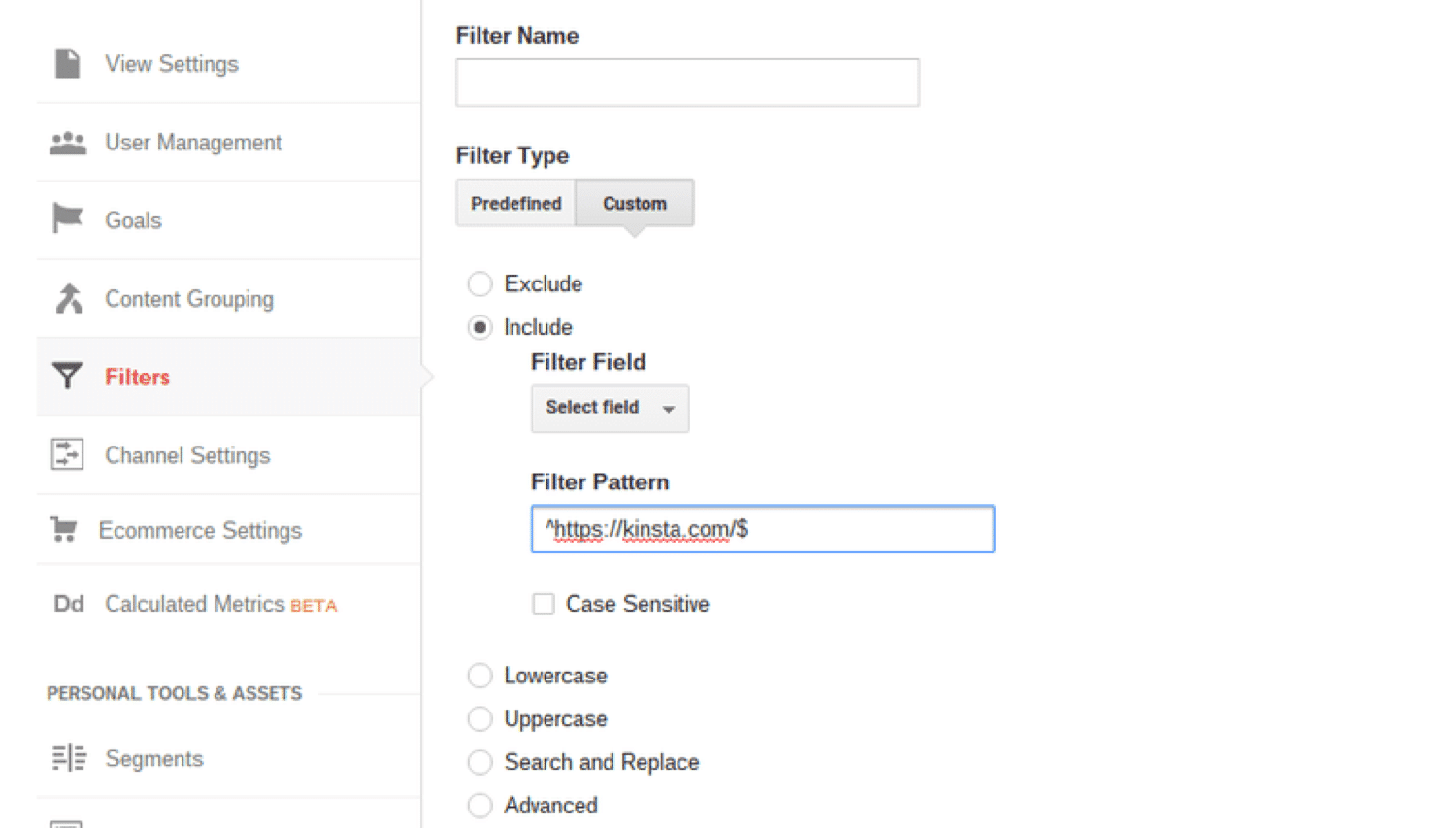 Ajout d'un filtre personnalisé dans Google Analytics