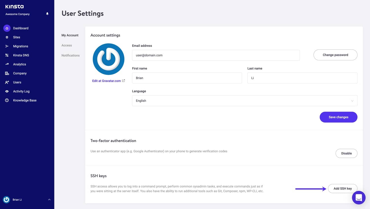 Add SSH key in MyKinsta.