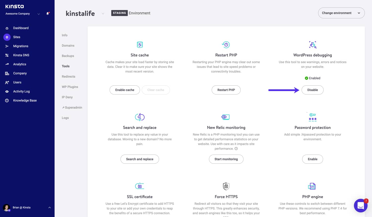Désactivez le mode de débogage de WordPress dans MyKinsta.