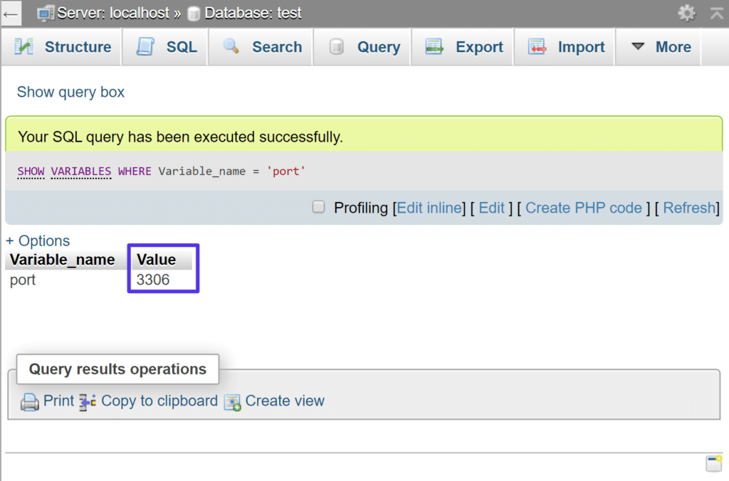 Le numéro de port MySQL après l'exécution de la requête
