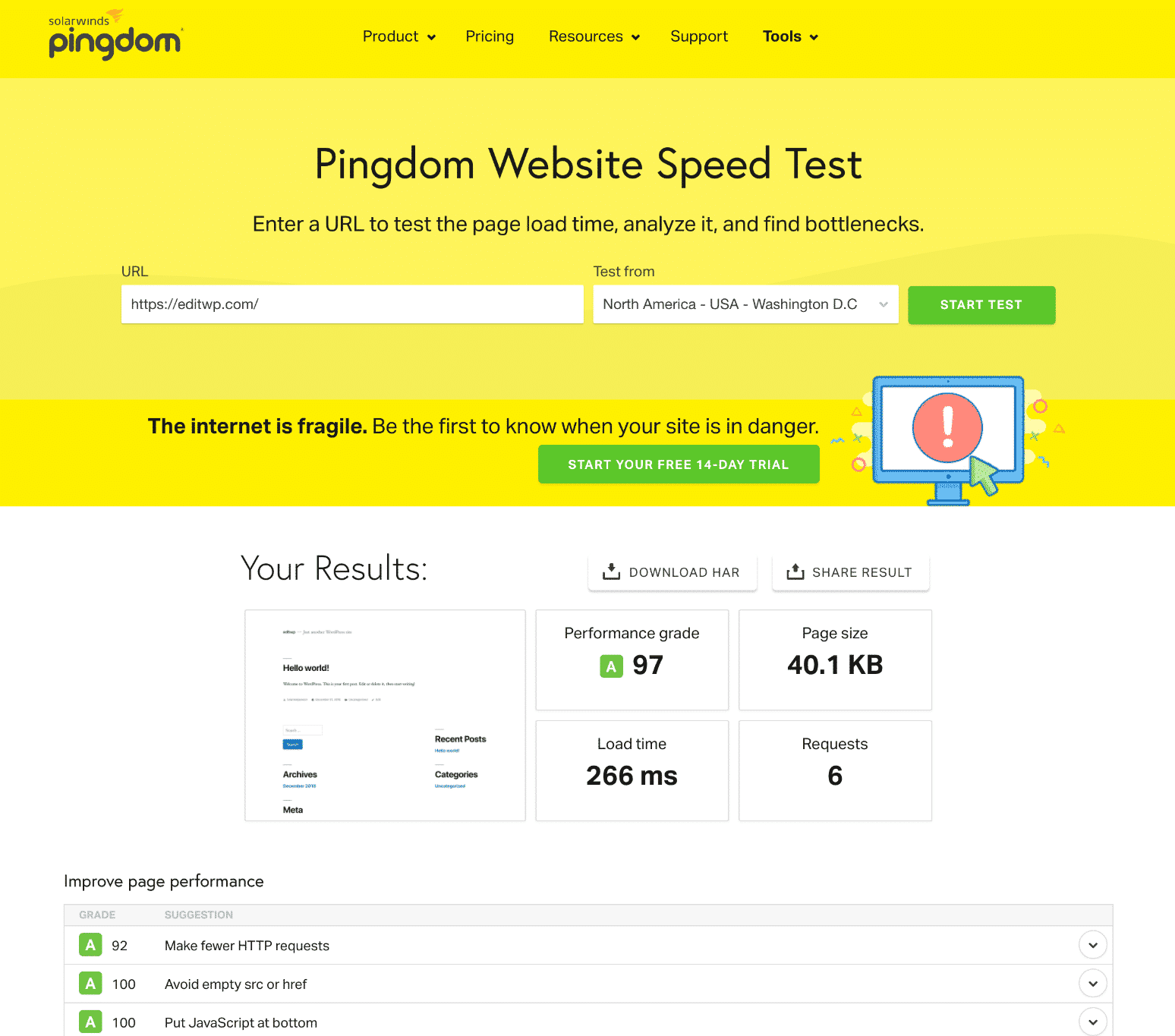 Outil de test de vitesse du site web Pingdom