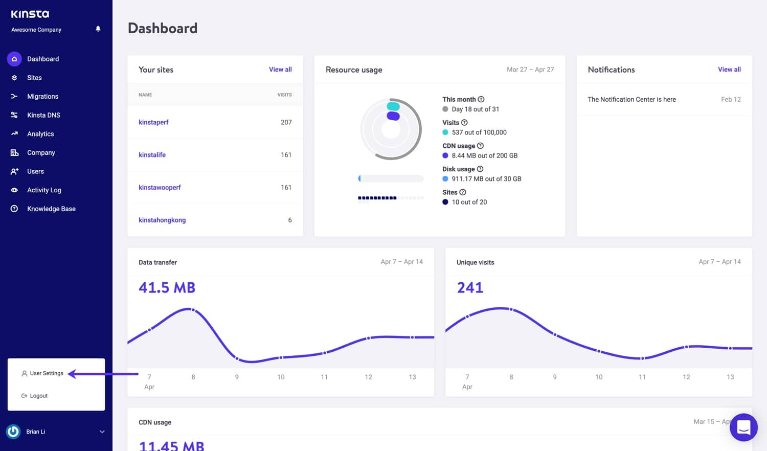 MyKinsta user settings.