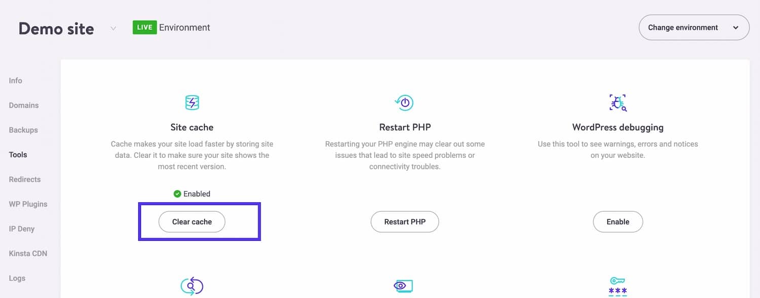 MyKinsta - Vider le cache