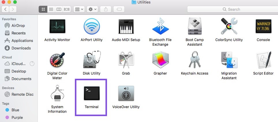 Application MacOS Terminal dans les Utilitaires