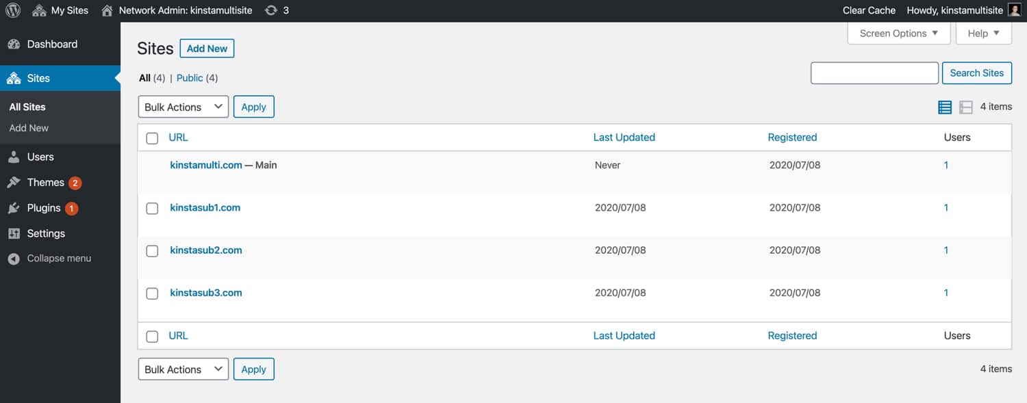 Une configuration WordPress multi-site avec trois sous-sites.