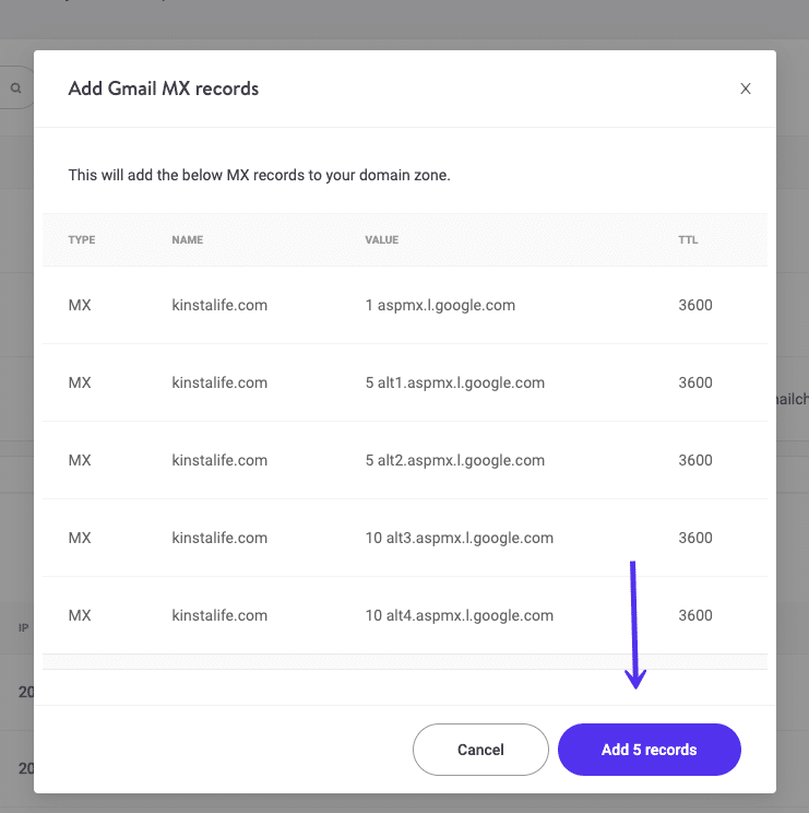 Confirmer les enregistrements Gmail MX