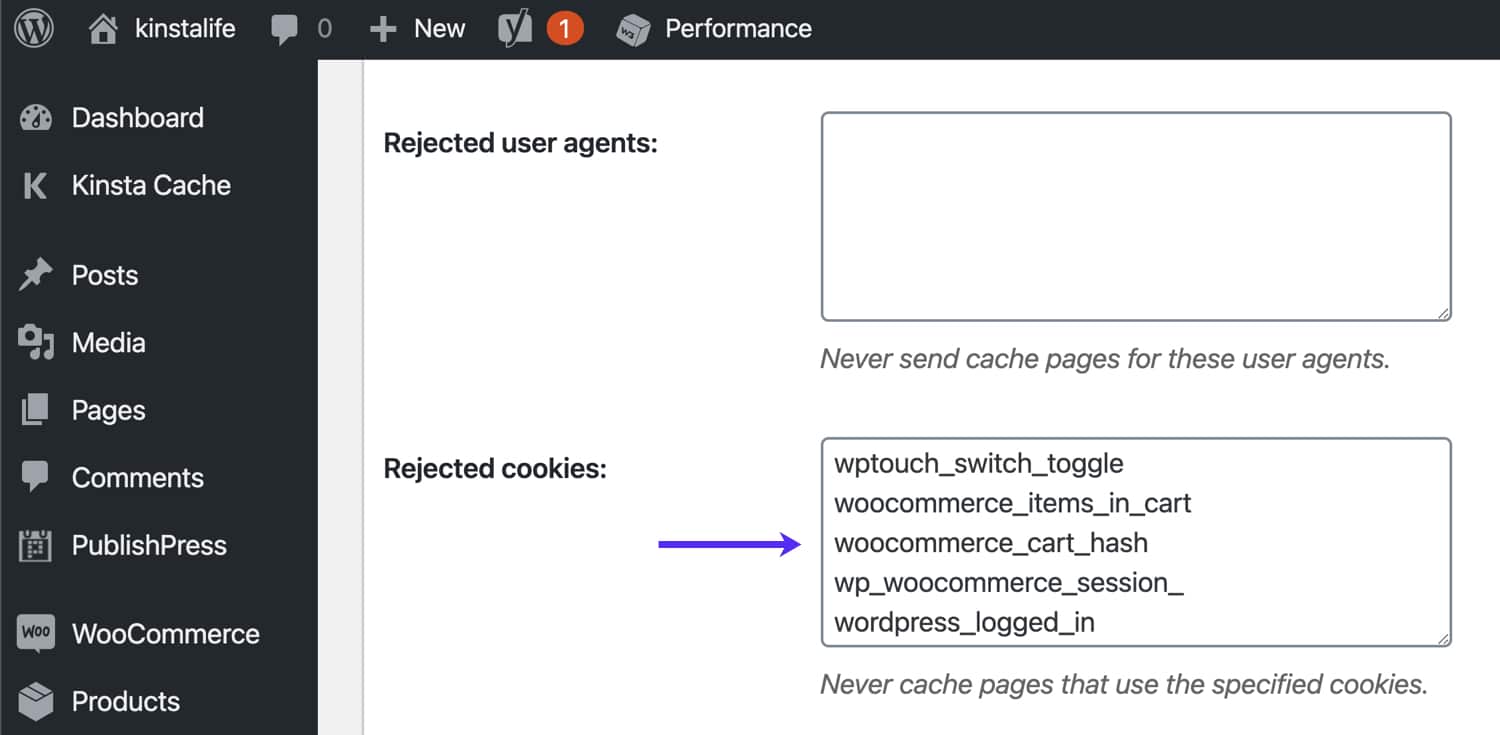 Contourner les cookies WooCommerce dans W3 Total Cache.