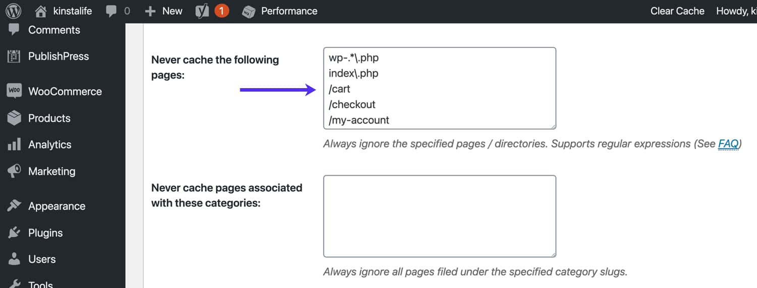 Contournez les pages WooCommerce depuis W3 Total Cache.