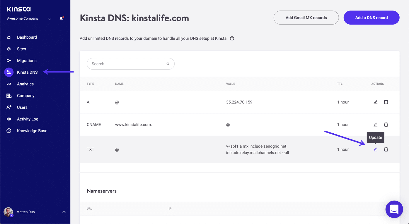 Editez votre enregistrement TXT dans MyKinsta.