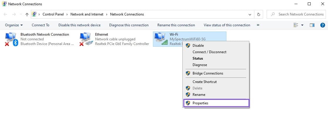 L'élément de menu Propriétés de la connexion réseau dans Windows