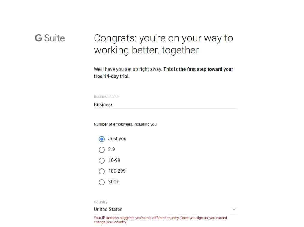 Fenêtre d'inscription de G Suite