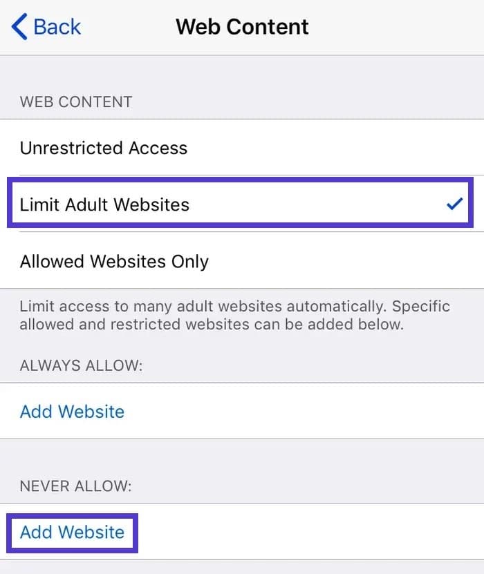 Limiter l'accès aux sites web dans iOS