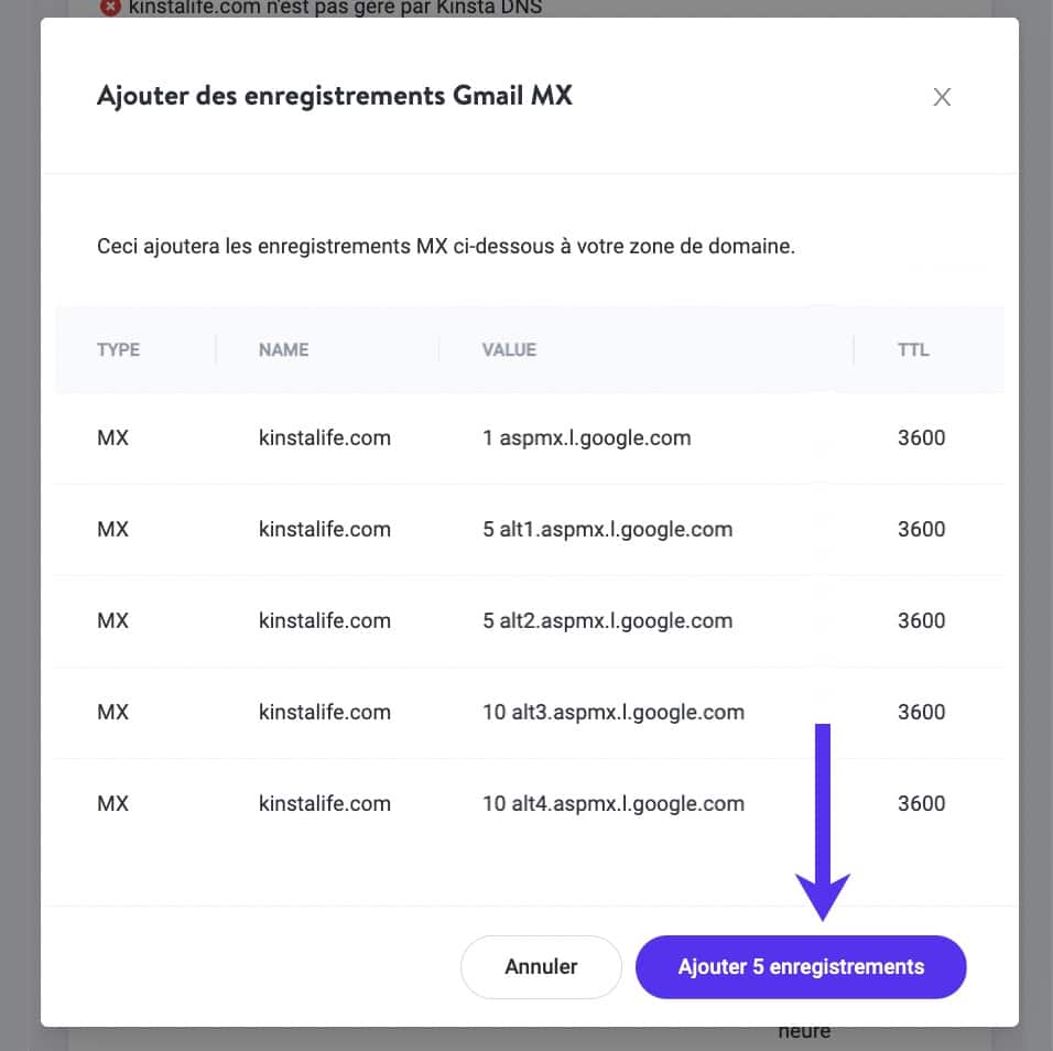Confirmer les enregistrements Gmail MX