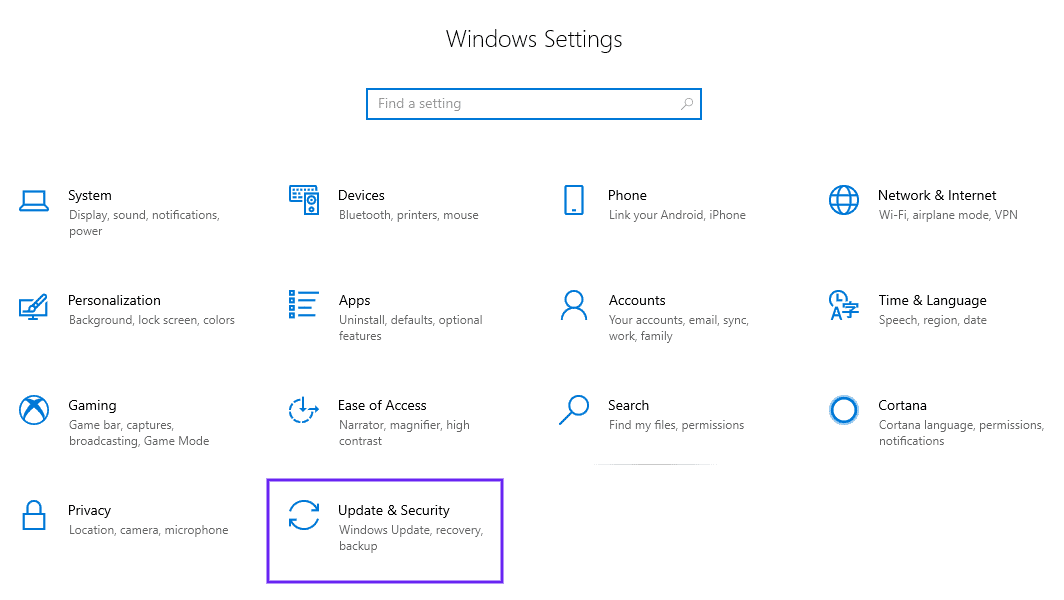 L'option de mise à jour et sécurité dans les réglages de Windows