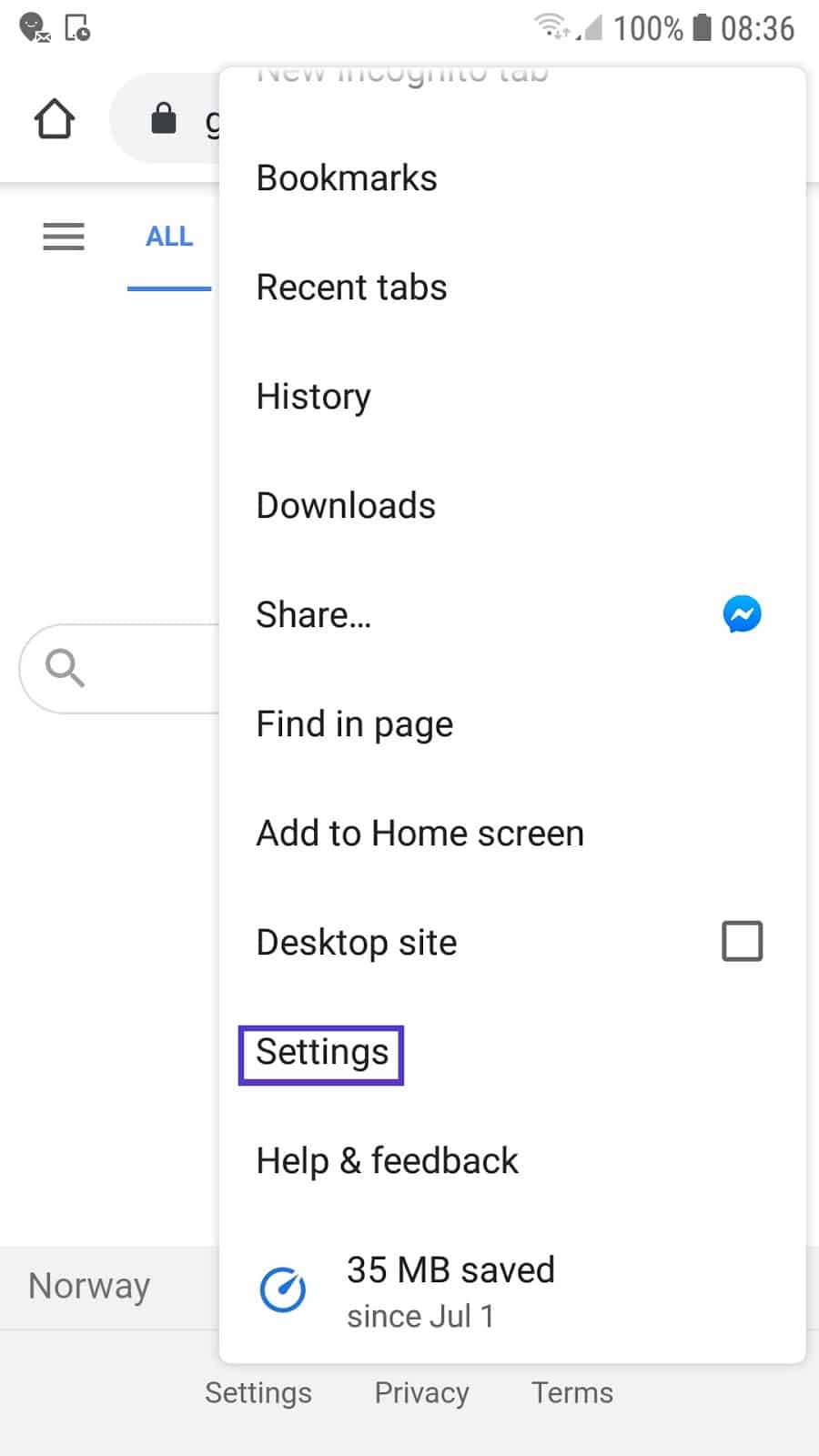 Réglages de Chrome mobile