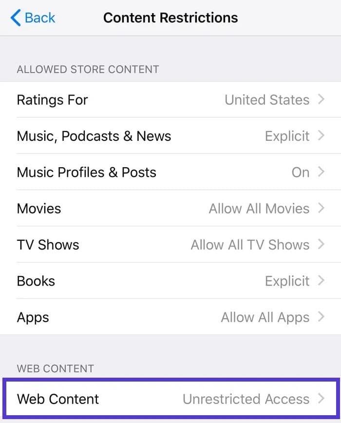 Restrictions de contenu sur iOS