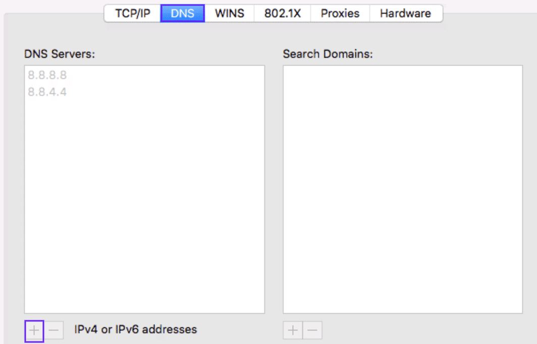 Saisie de nouvelles informations DNS dans macOS