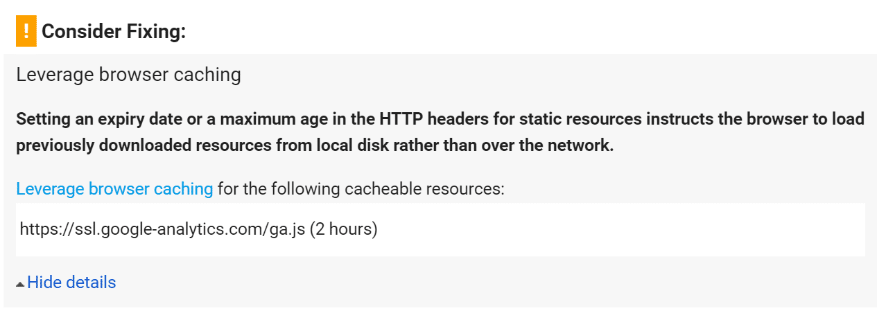 Avertissement Leverage Browser Caching pour le script Google Analytics