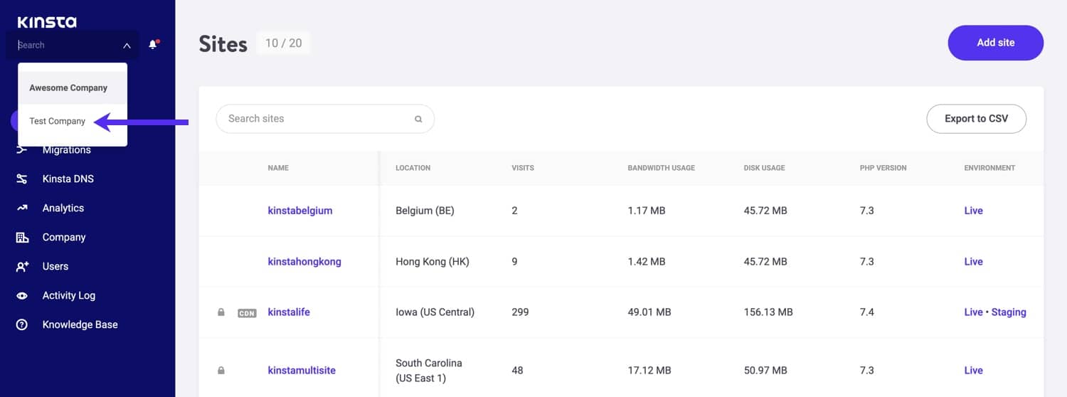 Changer d'entreprise dans MyKinsta.