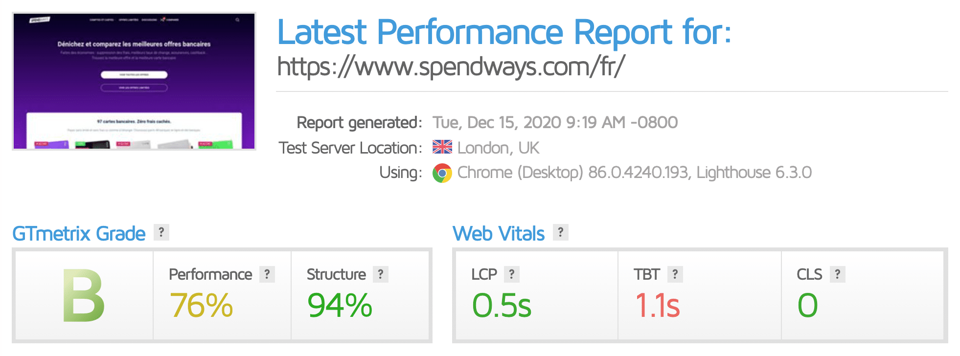 Spendways sur GTMetrix