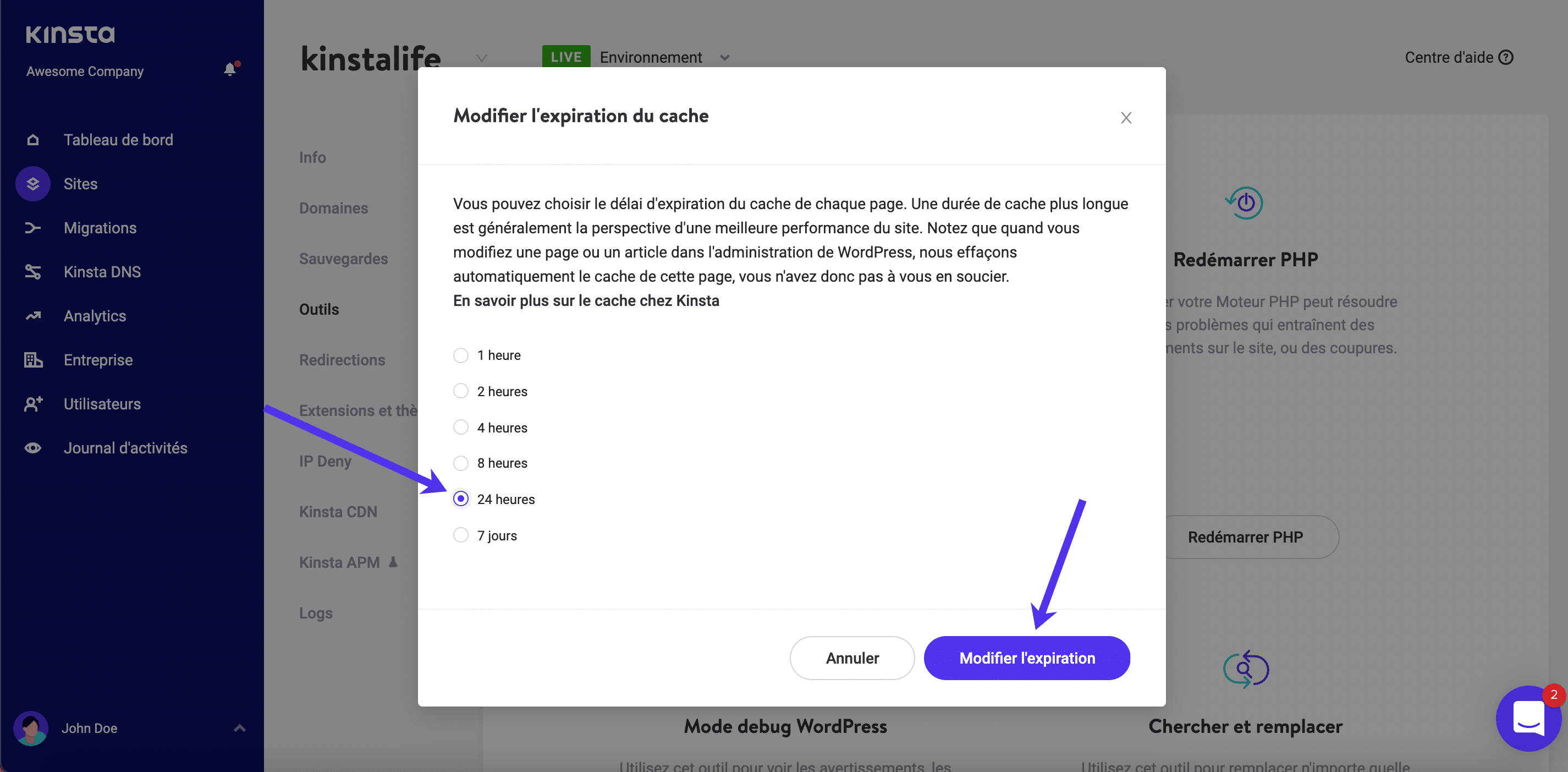 Le bouton « Modifier l'expiration » pour vider le cache de WordPress