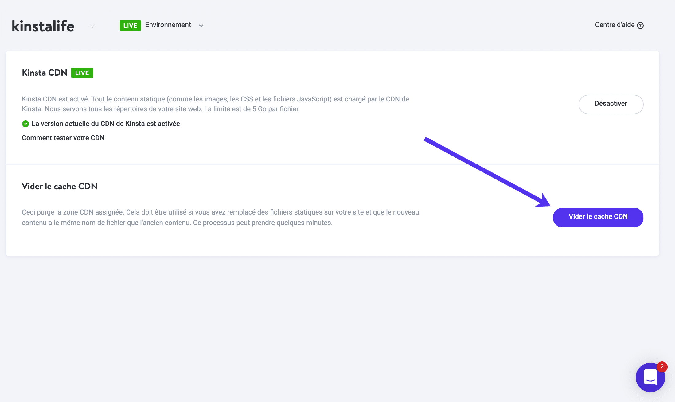 Vider le cache CDN dans le tableau de bord de MyKinsta