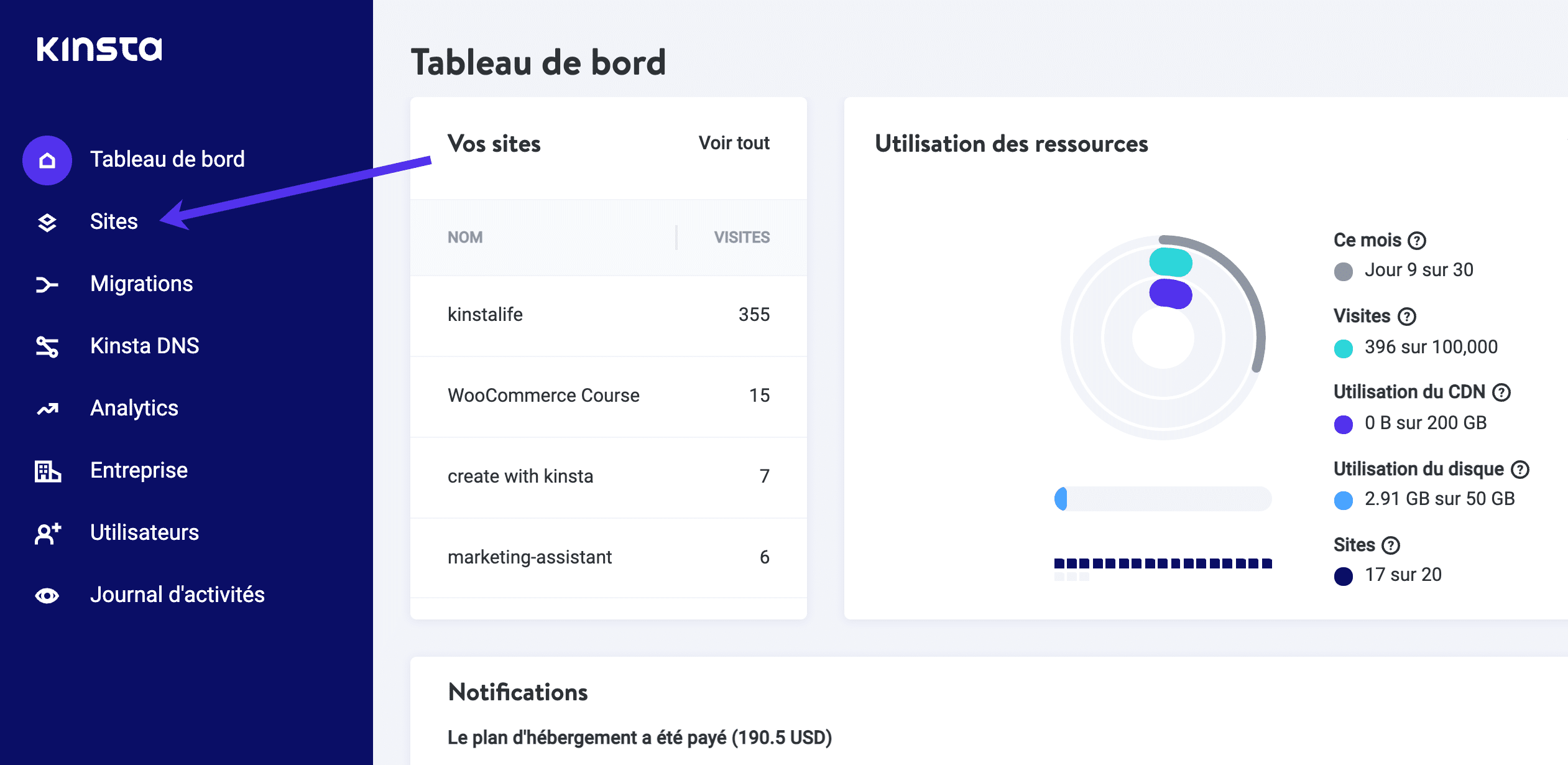 Cliquez sur le bouton « Sites » pour vider le cache de WordPress dans Kinsta