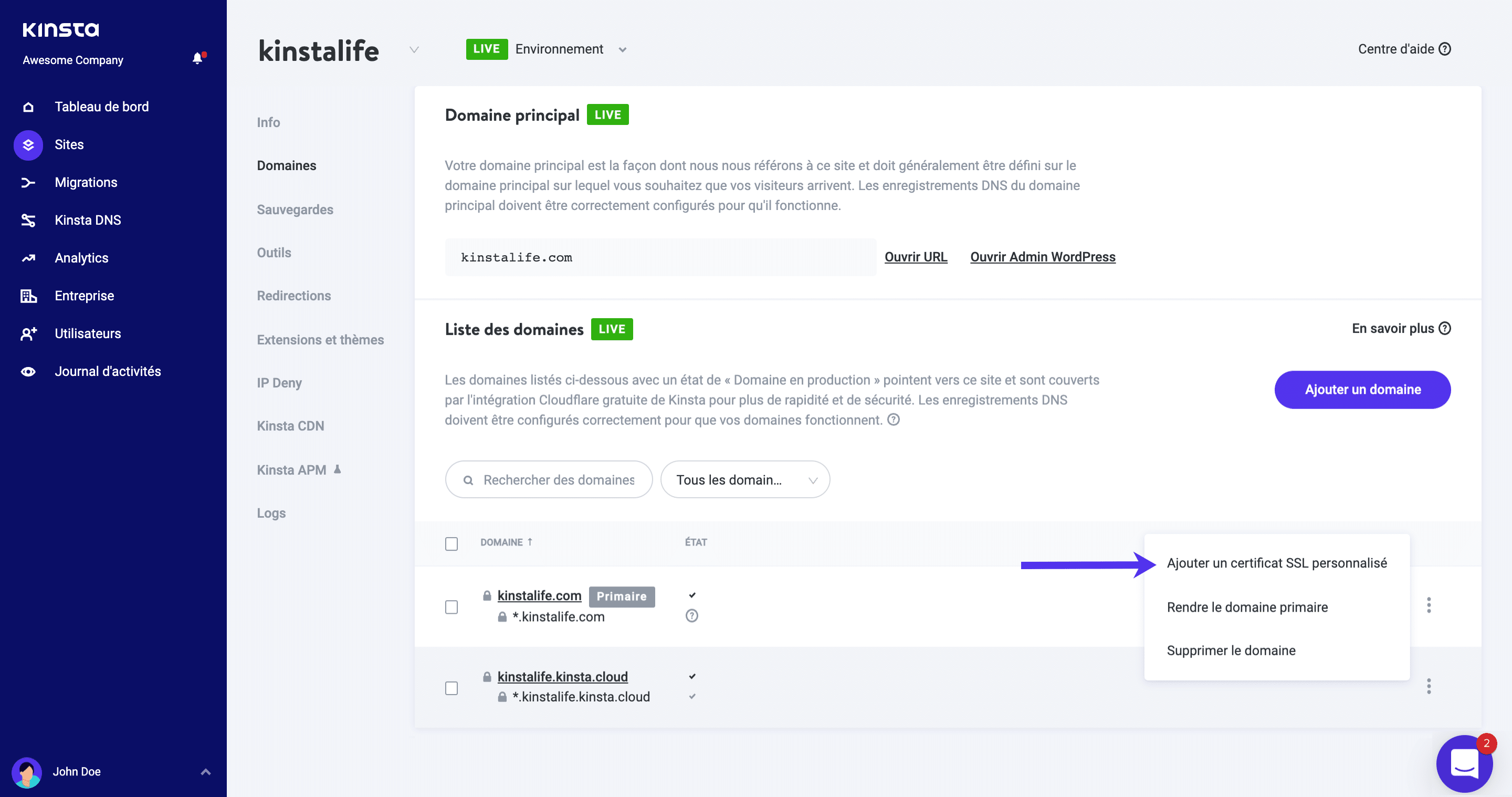 Ajouter un certificat SSL personnalisé