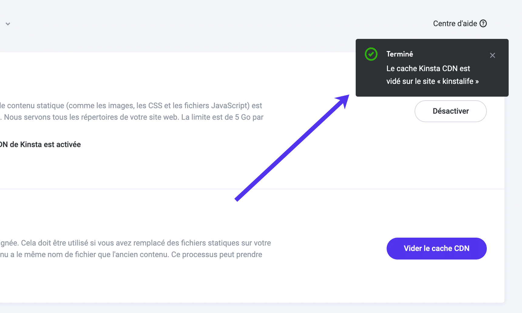 Message « Terminé » après avoir vidé le cache de Kinsta CDN