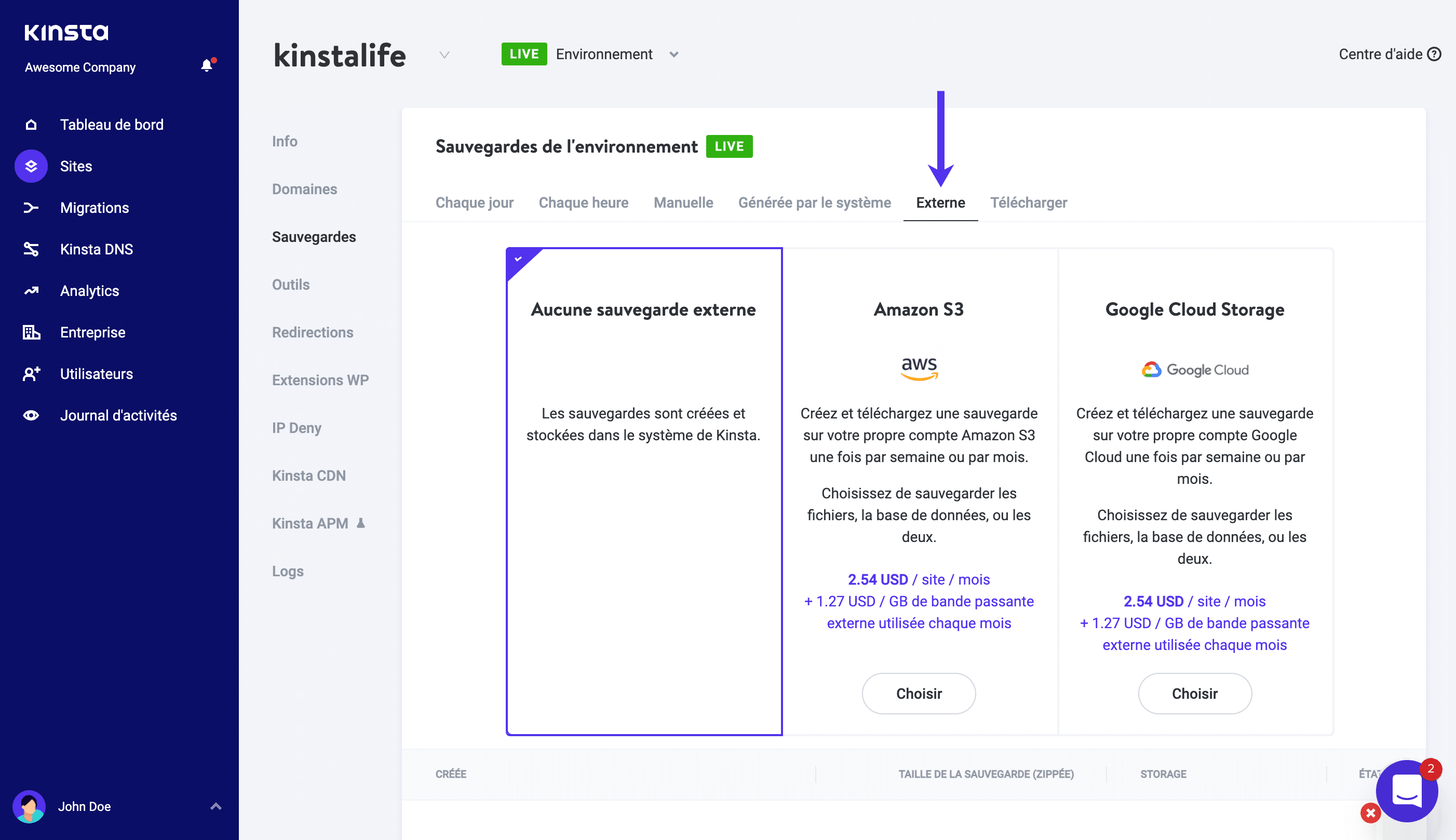 Activer les sauvegardes externes dans MyKinsta