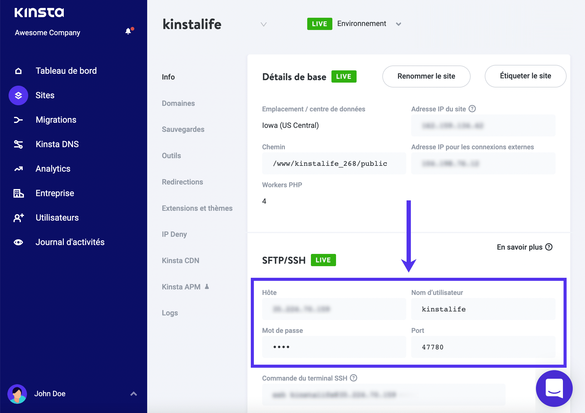 Informations SFTP dans le tableau de bord MyKinsta