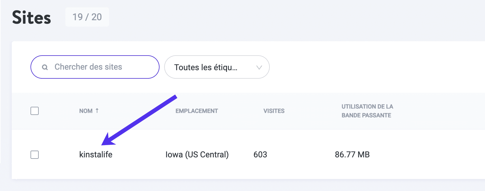 Cliquez sur votre site dans MyKinsta.